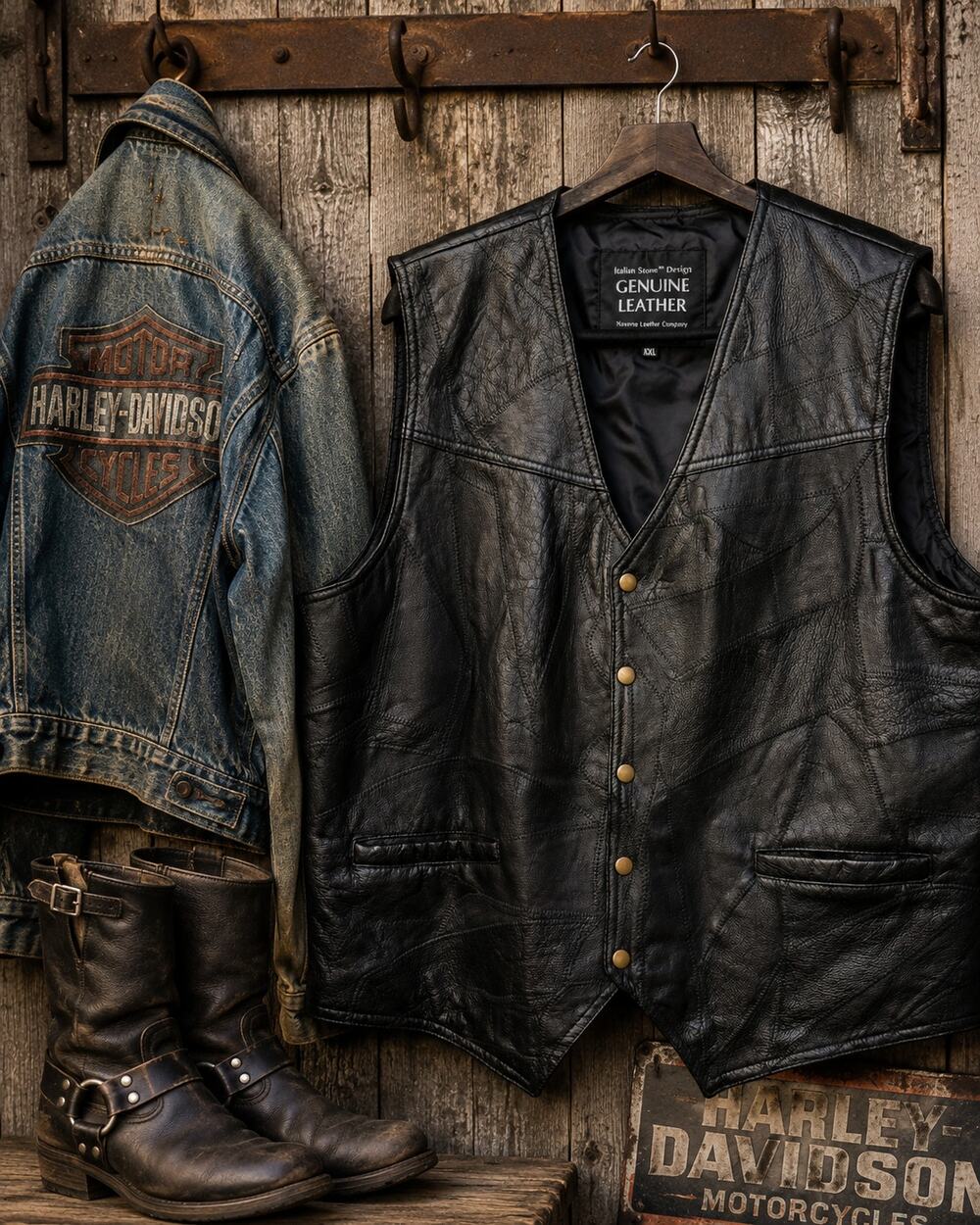 Vintage Italian Stone Genuine Leather Patchwork Vest Men's XXXL Black Snap Front